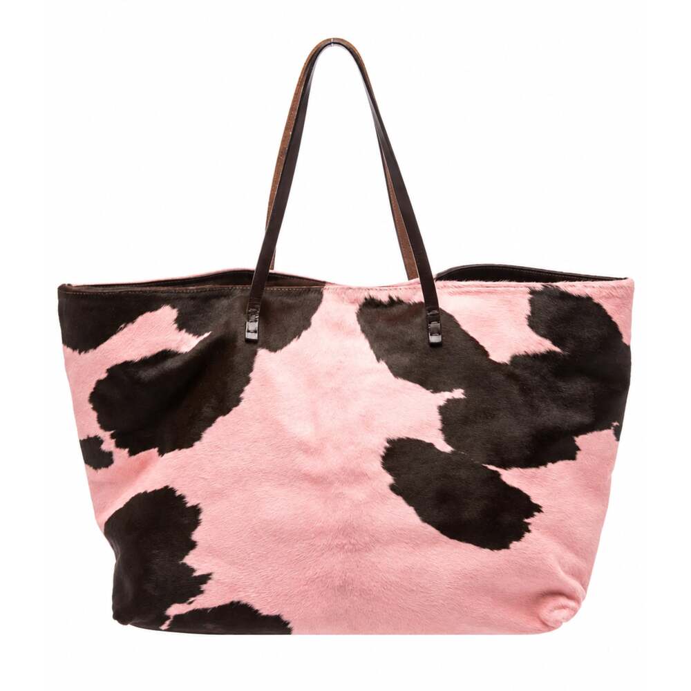 Fendi Vintage Large Pink and Brown Cow Printed Pony Hair Tote Bag